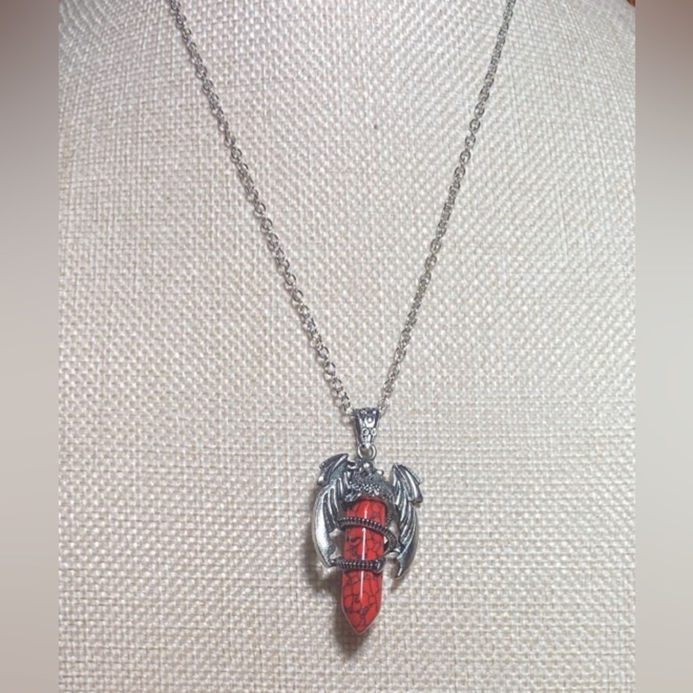 Dragon’s Embrace Ruby Red Colored Howlite Pendant Necklace